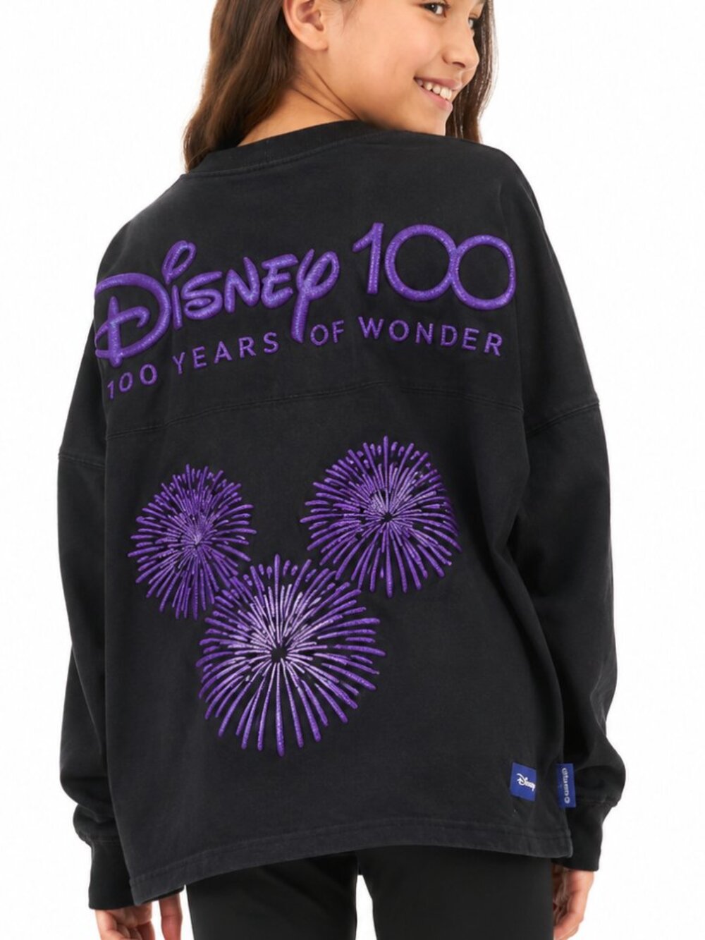 DISNEY 100 Years of Wonder Spirit Jersey Top Black Purple Large LS Glitter Puff